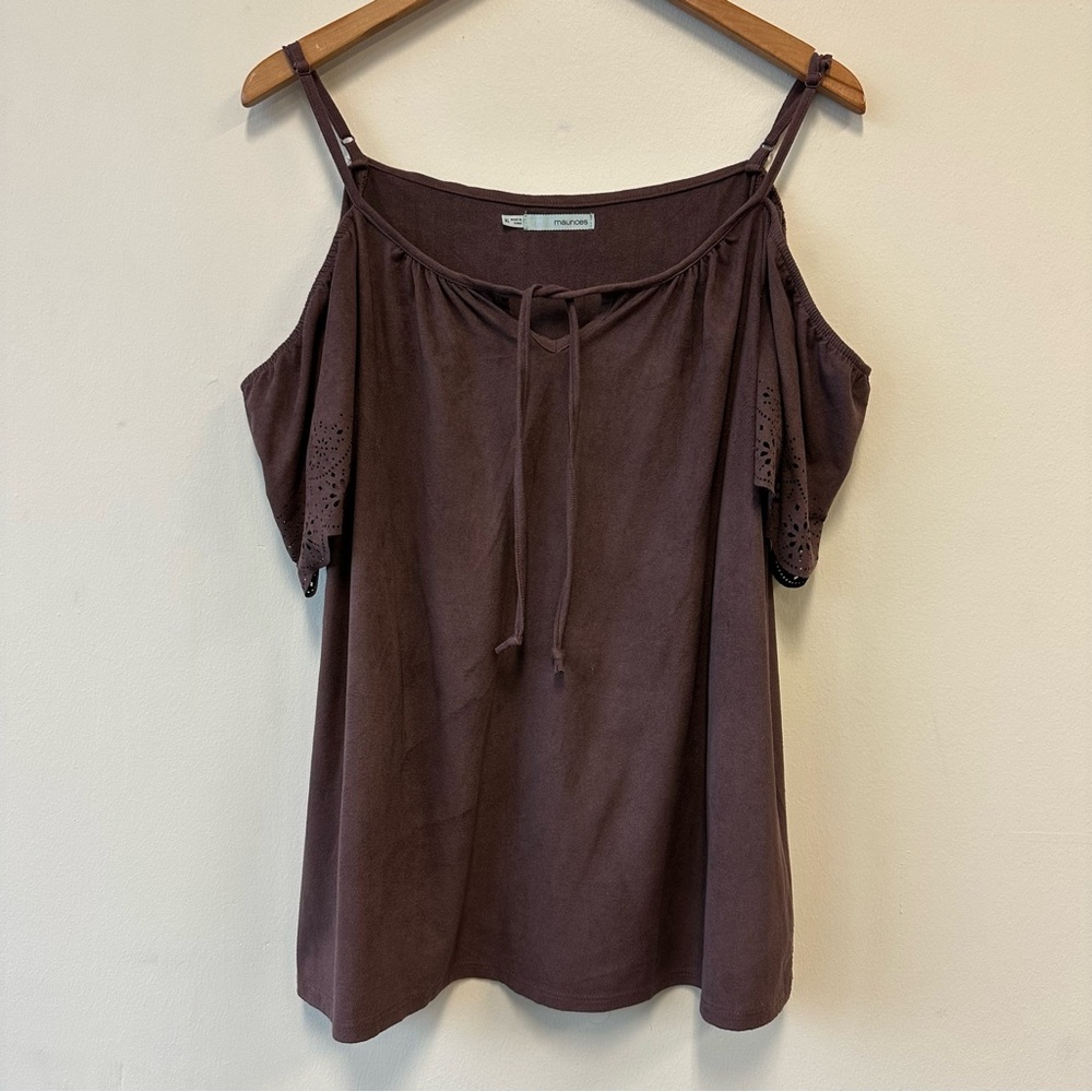Maurices Chocolate Brown Cold Shoulder Blouse with Cutout Lace Sleeves